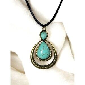 Teardrop Turquoise Pendant Gold Alloy Black Strand Fashion Necklace 18"